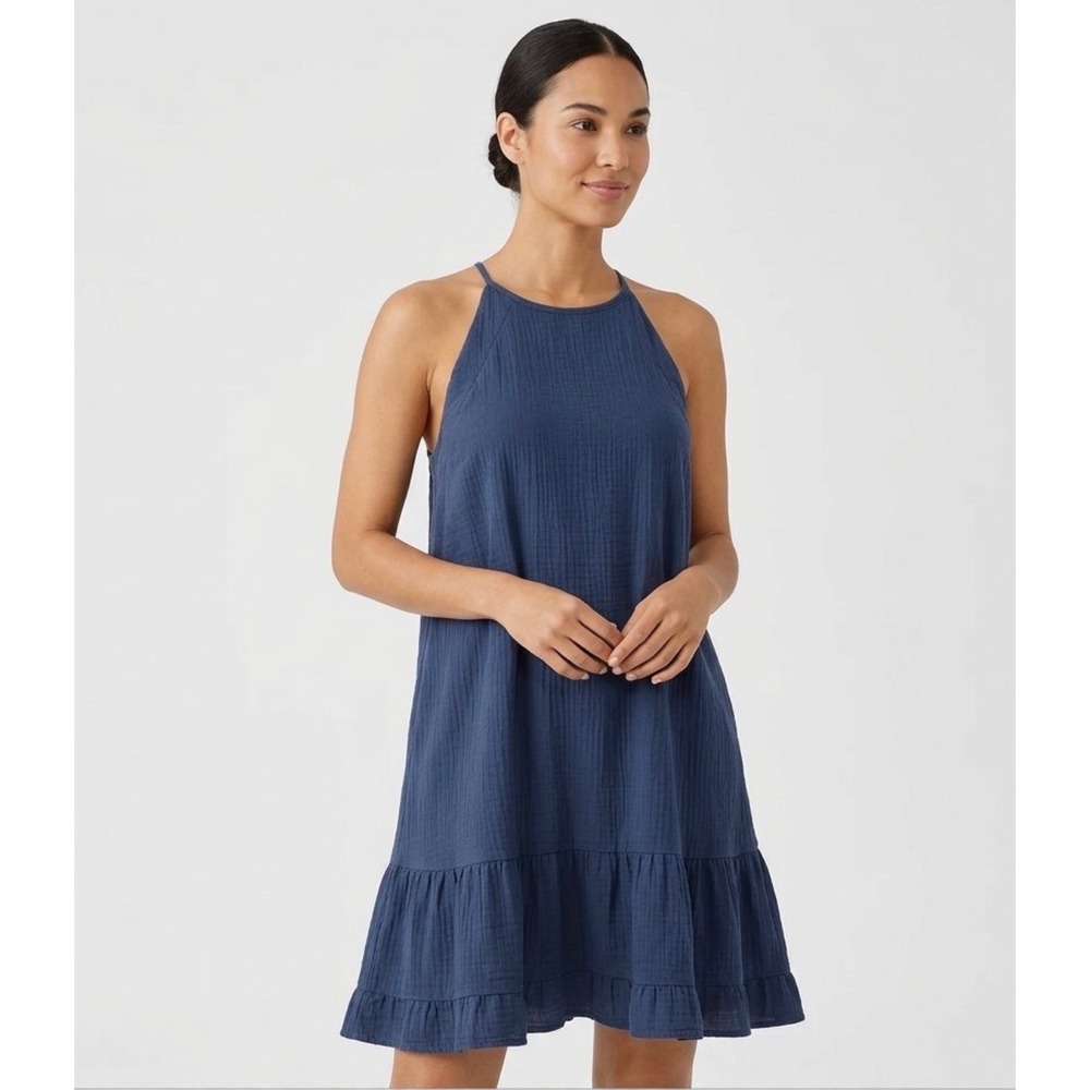 Altar'd State Navy Blue Linen Blend Halter Mini Dress Tiered Ruffle Hem Medium